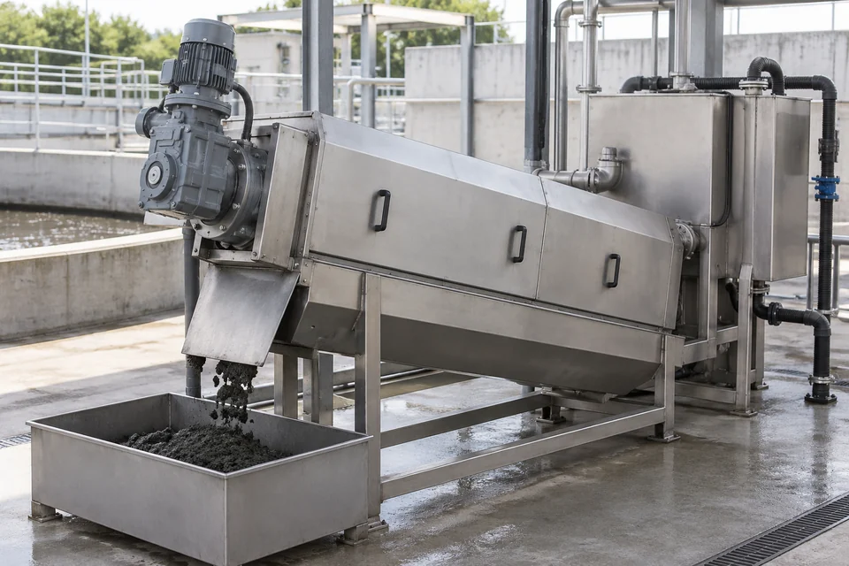 A stainless multi disc screw press sludge dewatering machine with angled enclosed screw section, motor gearbox and collection tray, realistic treatment plant photograph.