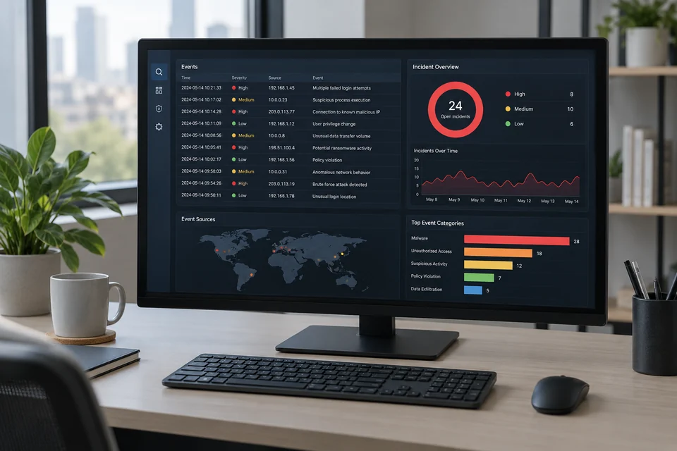 SIEM tool represented by security operations workstation with event list and incident overview interface
