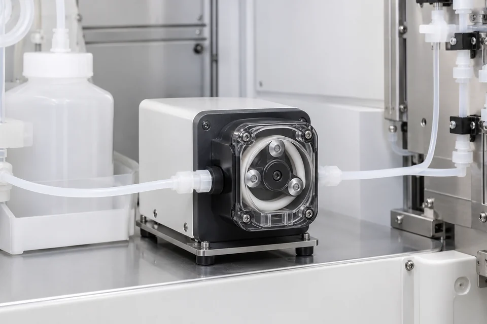 compact chemical resistant peristaltic pump for semiconductor chemical delivery with white clean tubing in a clean equipment bay