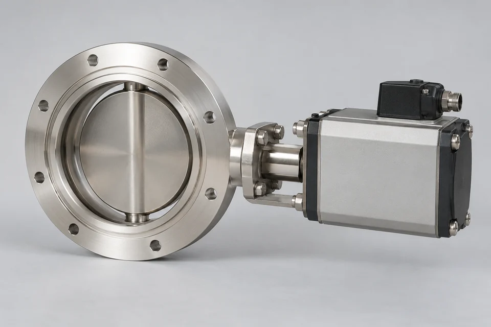 stainless semiconductor vacuum throttle butterfly valve with circular vacuum flanges and an external actuator