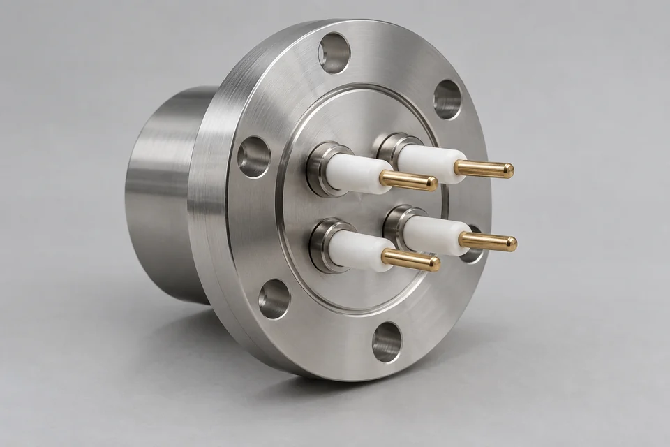 vacuum flange carrying insulated electrical pins through a stainless wall fitting, no cross section