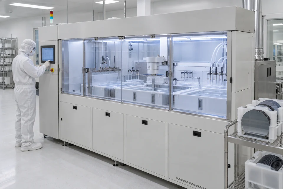 semiconductor wafer cleaning equipment with enclosed wet-process station in cleanroom