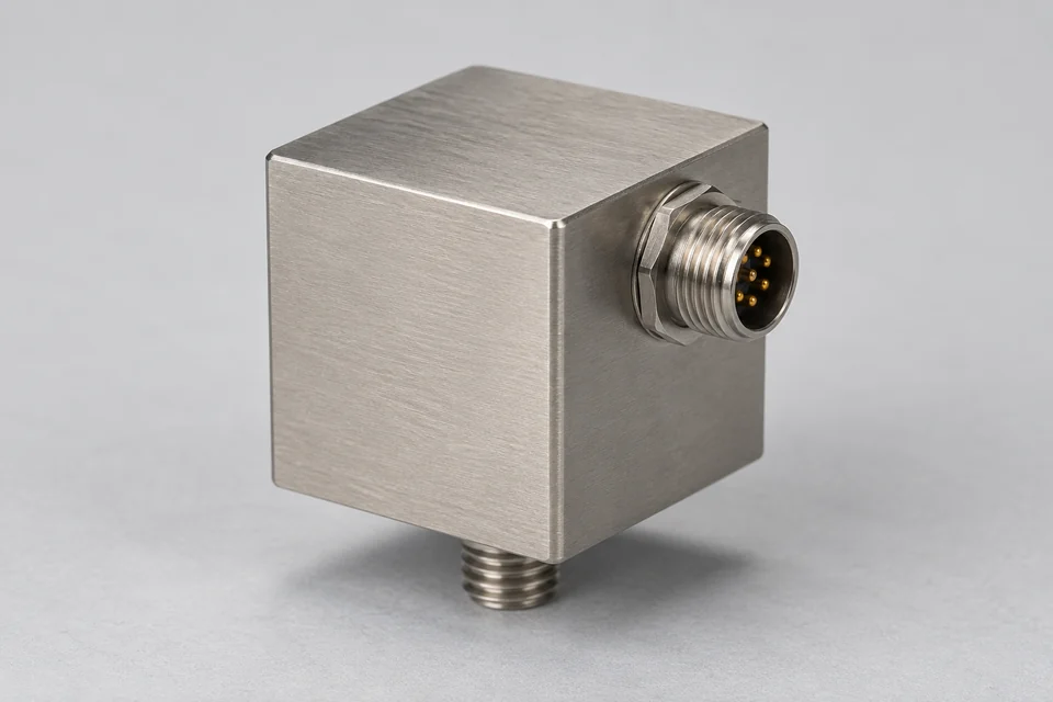 A sealed triaxial instrumentation accelerometer with a threaded mount and side connector.