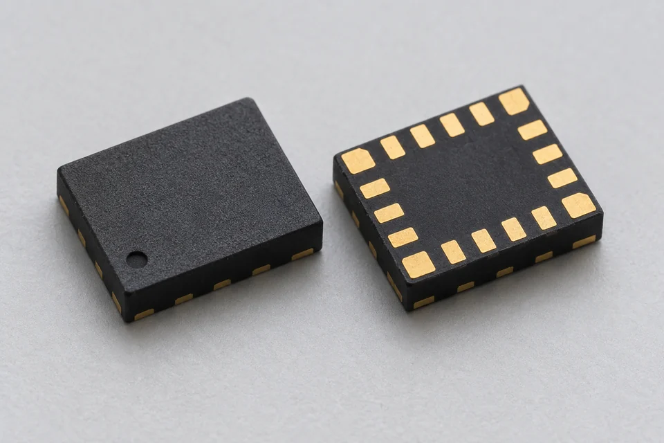 Representative micropower accelerometer packages shown from the top and underside.
