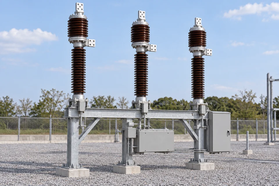 Three-pole live-tank circuit breaker with two terminal pads per interrupter, porcelain insulation and common support and mechanism