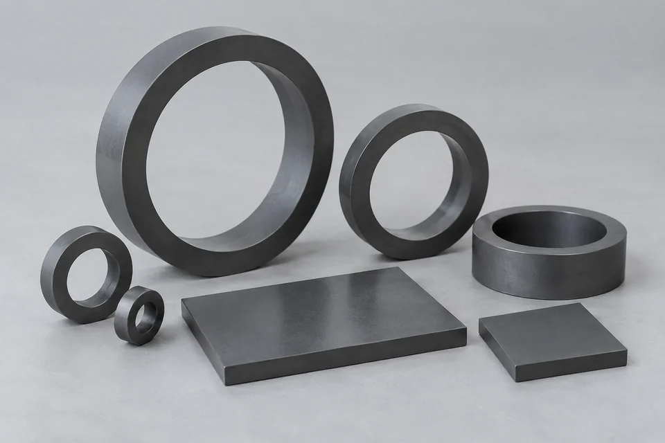 silicon carbide ceramic rings and plate samples, dark grey material