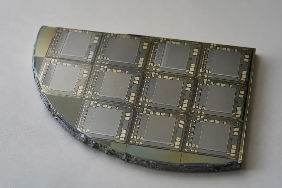 silicon carbide semiconductor die on a wafer fragment with realistic microelectronic surface, representative macro
