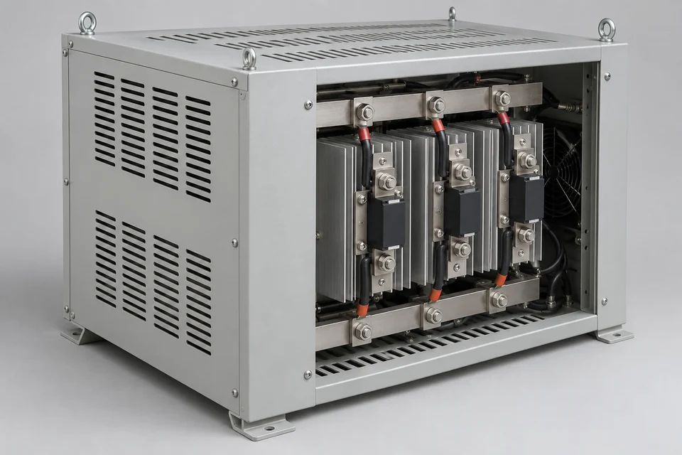 unbranded industrial silicon-diode AC-to-DC rectifier assembly with a sturdy ventilated cabinet and visible heat-sink-mounted power diode module through a service opening; a complete rectifier power assembly, no tiny loose signal diodes