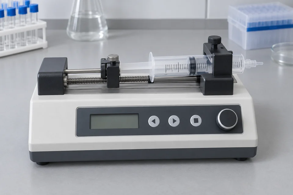 laboratory benchtop single-syringe pump with one horizontal syringe barrel clamped in a machined cradle, exposed linear plunger carriage driven along a lead screw, compact base with a simple control panel, clean laboratory background; no patient, no clinical IV pump