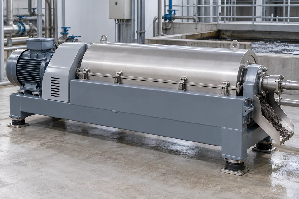 A horizontal stainless sludge dewatering decanter centrifuge with guarded cylindrical bowl housing, motor belt cover and solids discharge chute, wastewater equipment view.