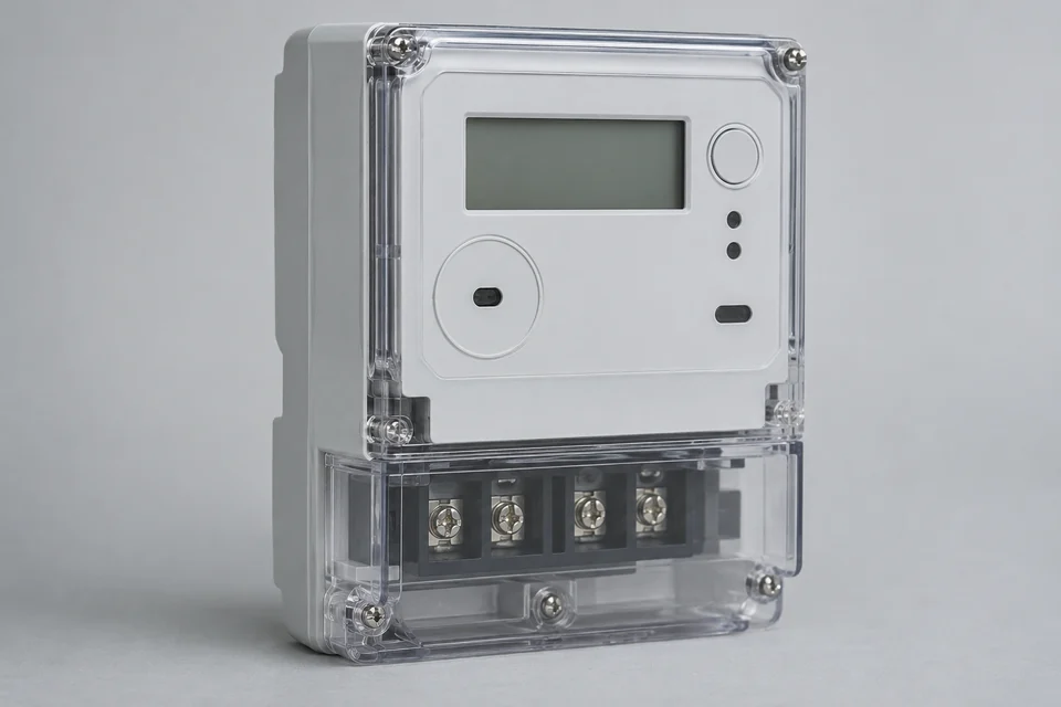 smart electricity meter with neutral display and terminal cover, no branding or legible values