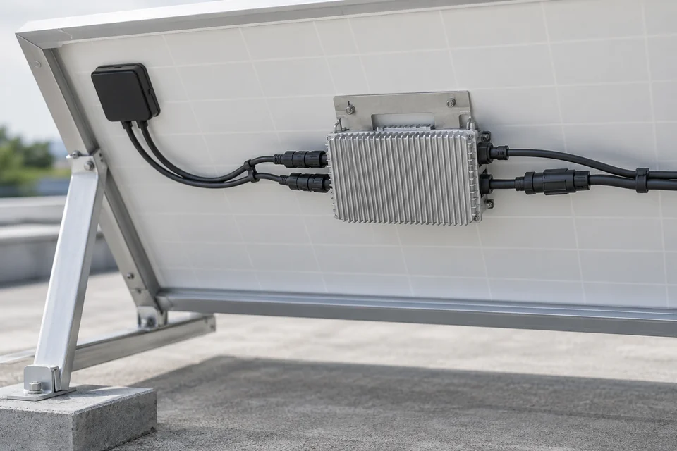 solar microinverter compact enclosure with cable connectors beside photovoltaic module back