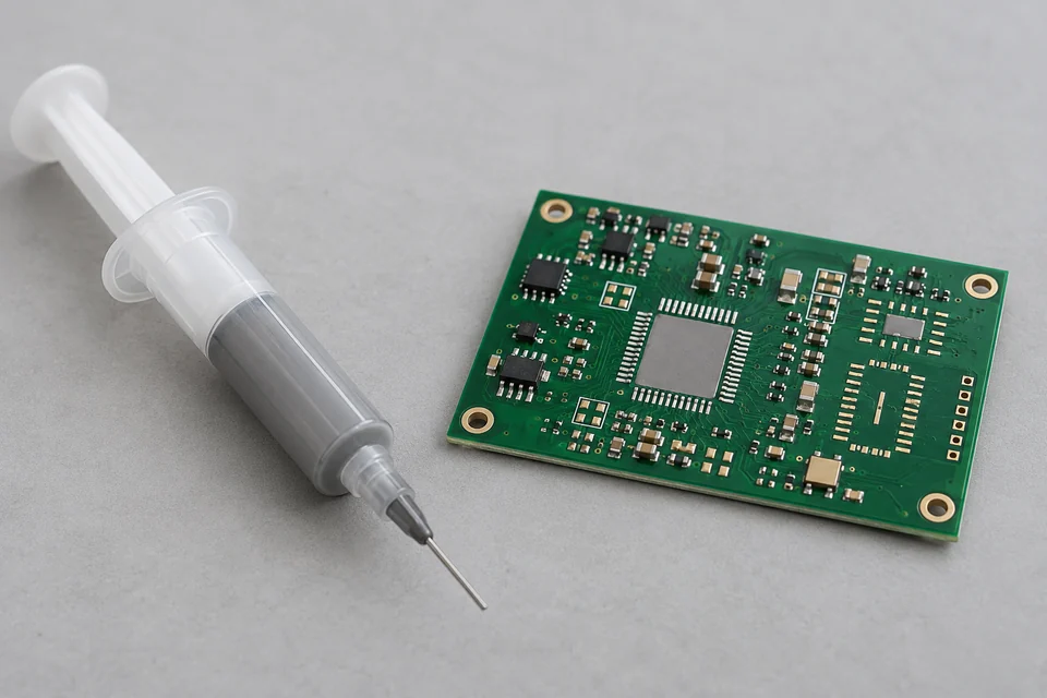 solder paste in a plain syringe beside a printed circuit board before reflow