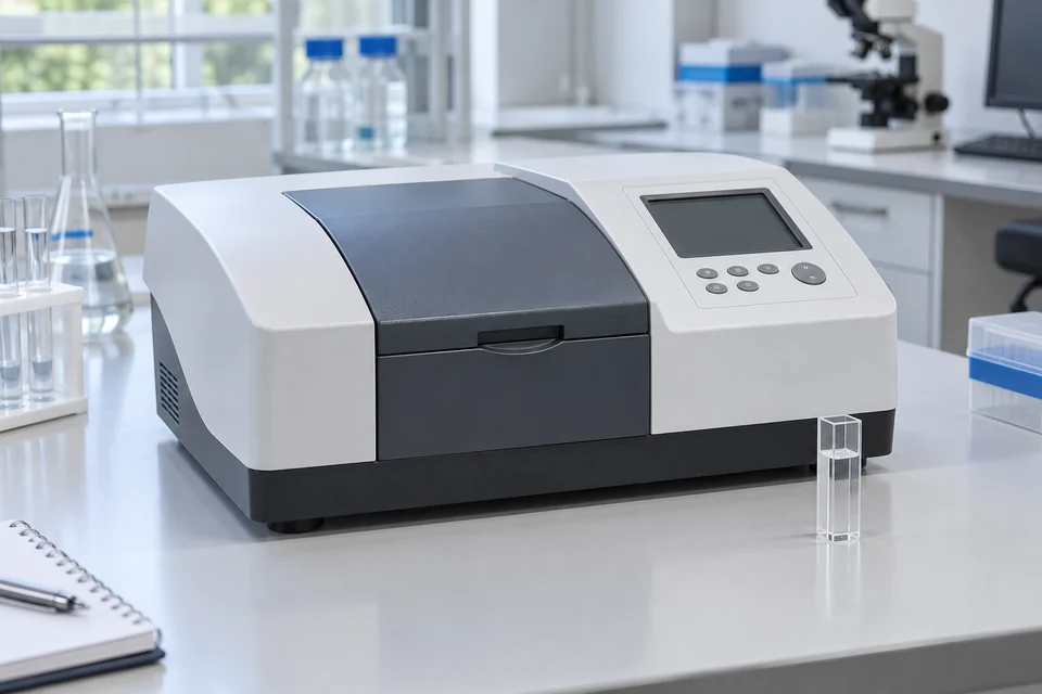 A benchtop UV visible spectrophotometer with closed sample compartment and a small quartz cuvette beside it, clean analytical laboratory, no fabricated spectra.