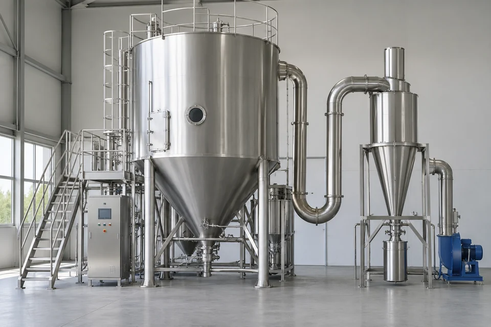 industrial spray drying tower with large cylindrical upper chamber, conical bottom and cyclone collector