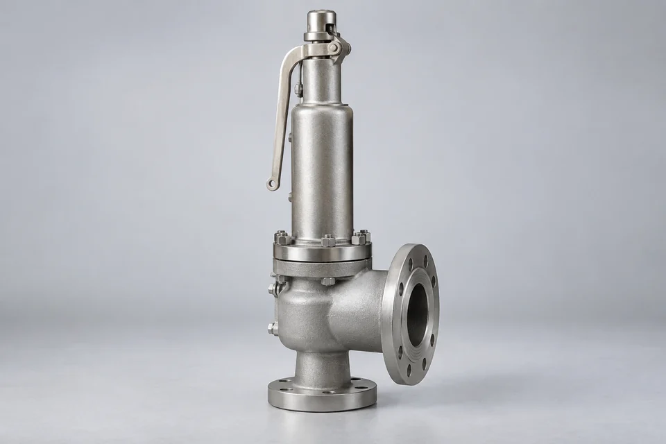 spring loaded industrial relief valve with tall enclosed spring bonnet, side outlet and inlet flange