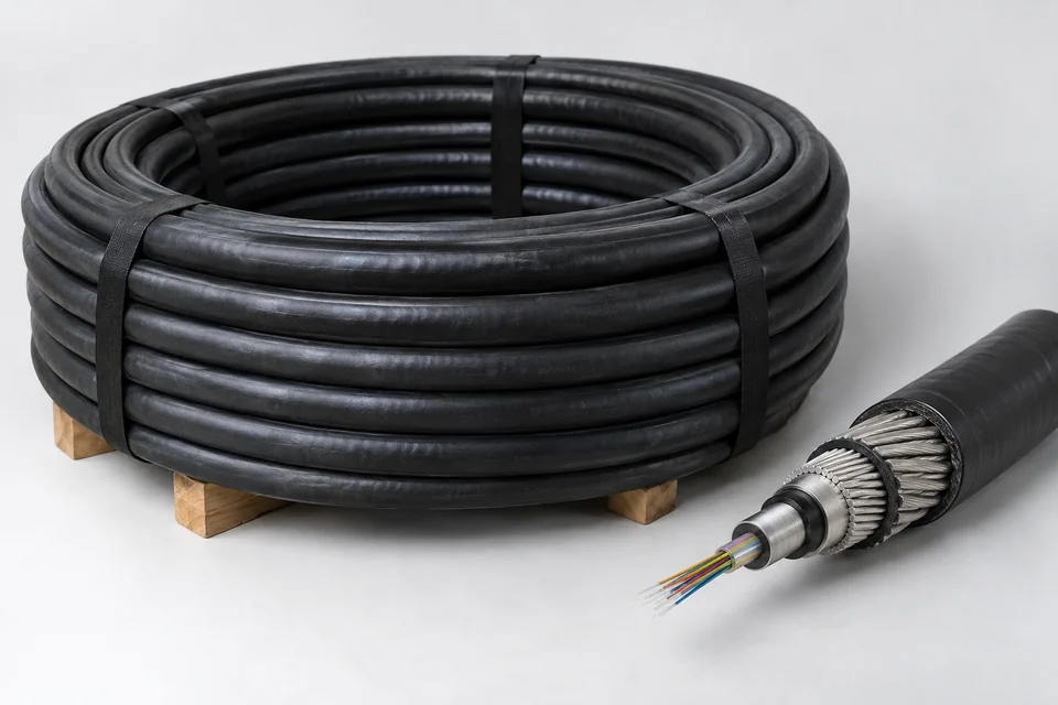 a coil of thick black armoured submarine optical fibre cable with a short separate sample segment beside it showing a realistic cut end: outer black polymer jacket, layers of steel-wire armour, central metal tube and small optical-fibre bundle; plausible cylindrical cable construction, no labels, no arrows, no infographic