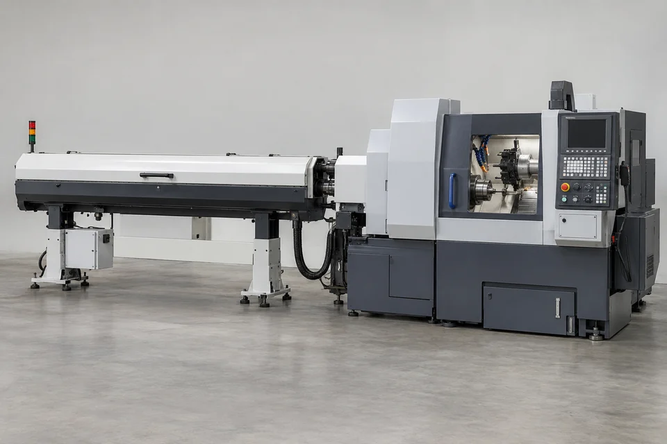 Swiss type CNC automatic lathe with guide bushing work zone and long bar feeder attached