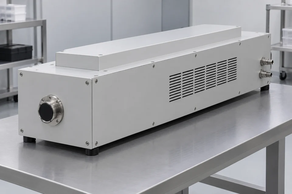 Representative closed tabletop excimer source with optical output flange and service fittings