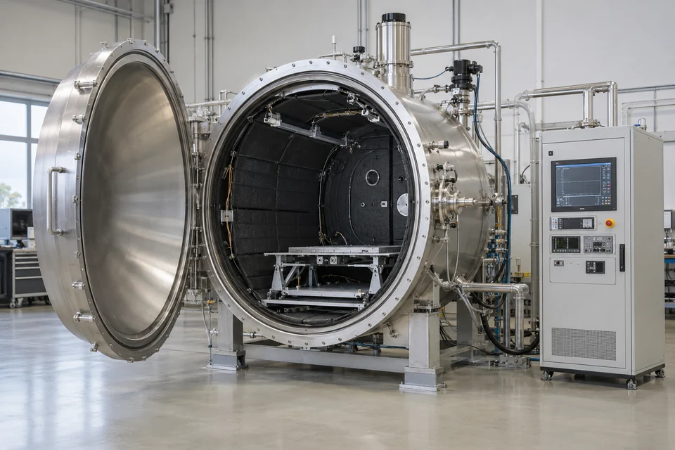 large cylindrical stainless thermal vacuum test chamber with open hinged circular door, insulated inner thermal shroud and nearby control cabinet in an aerospace laboratory