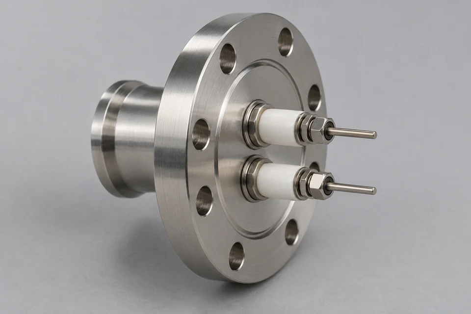 stainless vacuum flange with two small thermocouple electrical feedthrough terminals and ceramic insulation