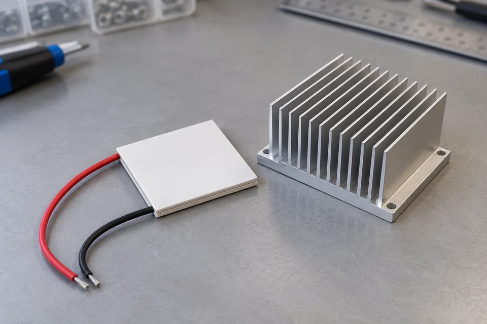 A small square thermoelectric Peltier module with clean white ceramic faces and red and black leads, beside a compact finned heat sink on an engineering bench.