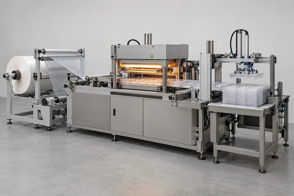 industrial sheet thermoforming machine with roll feed, heated forming zone and stacking station