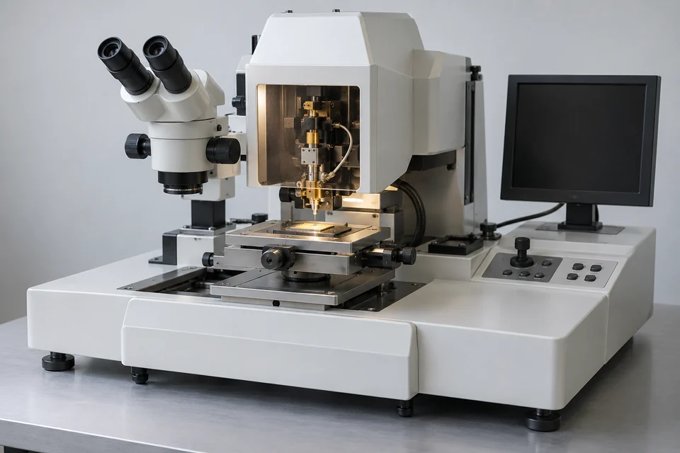 thermosonic wire bonding machine with microscope, work stage and enclosed bonding head