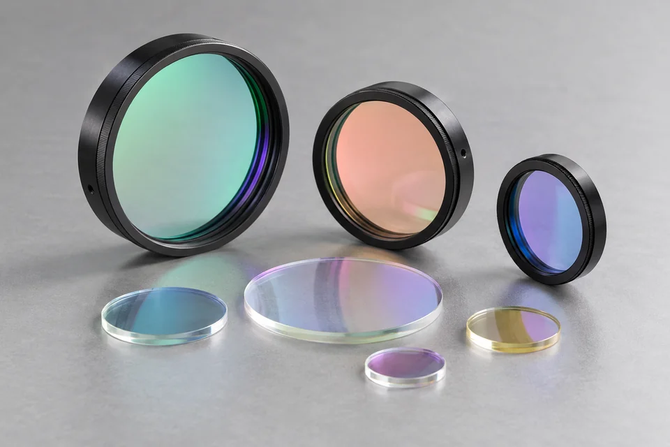 optical thin film filters in glass discs and mounted metal rings with subtle interference reflections