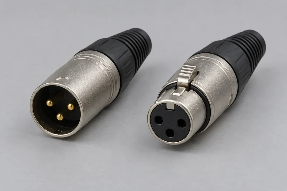 Male and female three-contact XLR cable connectors with keyed metal shells, release latch and rear boots