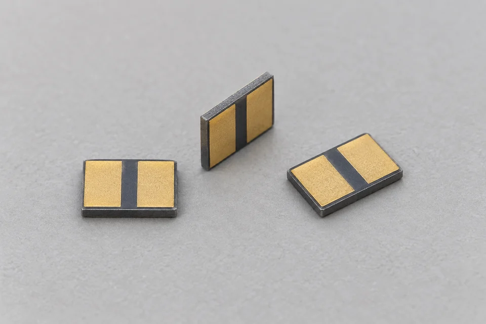 Three thin bare silicon capacitor die configurations with two separated broad terminal pads