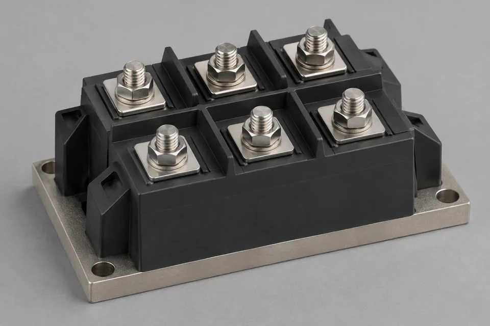 three-phase bridge rectifier module with six-terminal power connections and metal mounting base