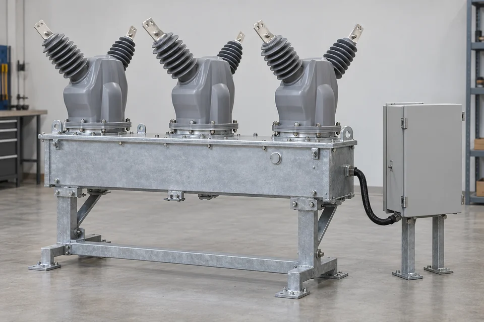 Three-phase distribution recloser with three paired-bushing phase modules, six line terminals, common operating housing and an associated closed control cabinet.