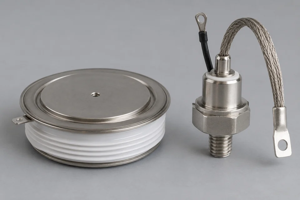 Representative press-pack and stud-mounted SCR packages with main contacts and separate trigger connections