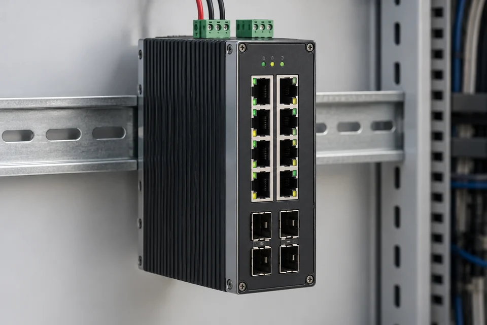 A rugged DIN rail time sensitive networking industrial Ethernet switch with RJ45 and SFP ports, metal enclosure and redundant power terminals, realistic hardware view, no unreadable technical branding.
