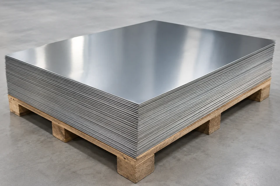 tinplate sheet stack with reflective metallic surfaces