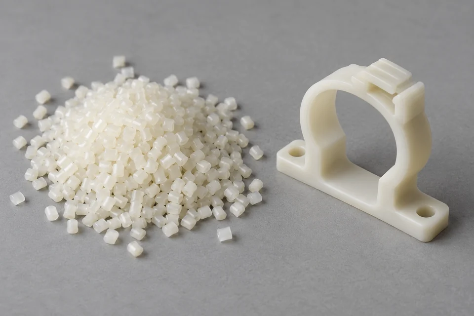 toughened PA6 resin granules beside a moulded engineering clip