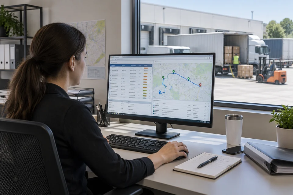 A logistics office desk with monitor showing a generic shipment planning application with route map and dispatch list, freight loading bay through window, realistic software use scene.