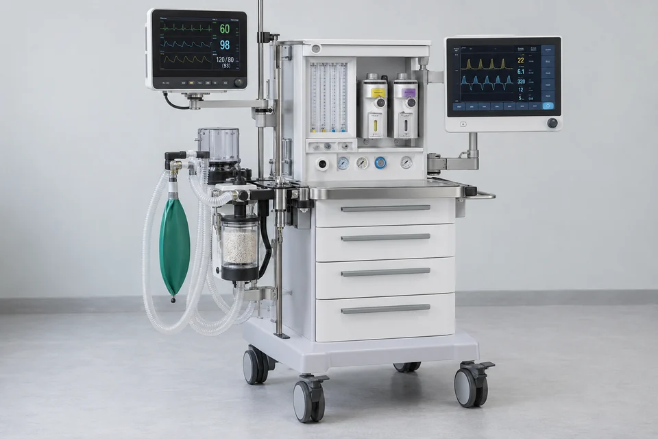 trolley-mounted anaesthesia machine with breathing system and monitor