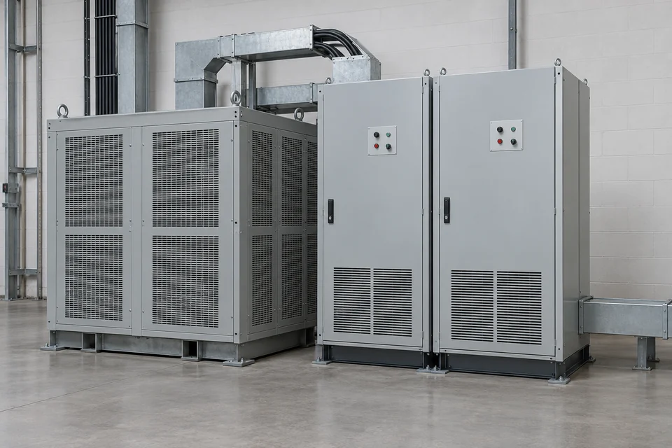Representative transformer enclosure beside two industrial rectifier cabinets with cable and busduct interfaces