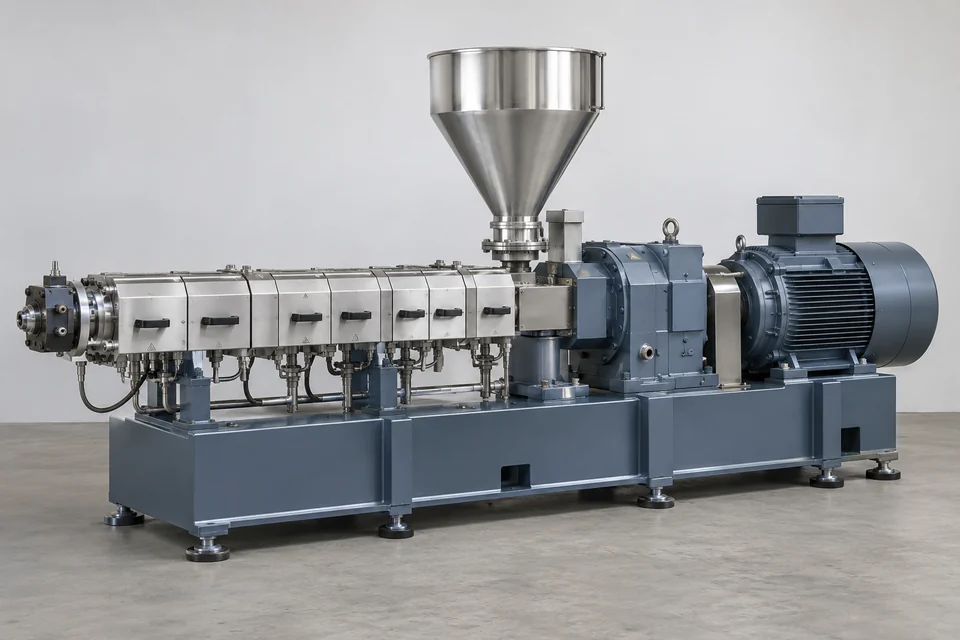 industrial co rotating twin screw extruder with twin screw barrel, hopper and drive gearbox