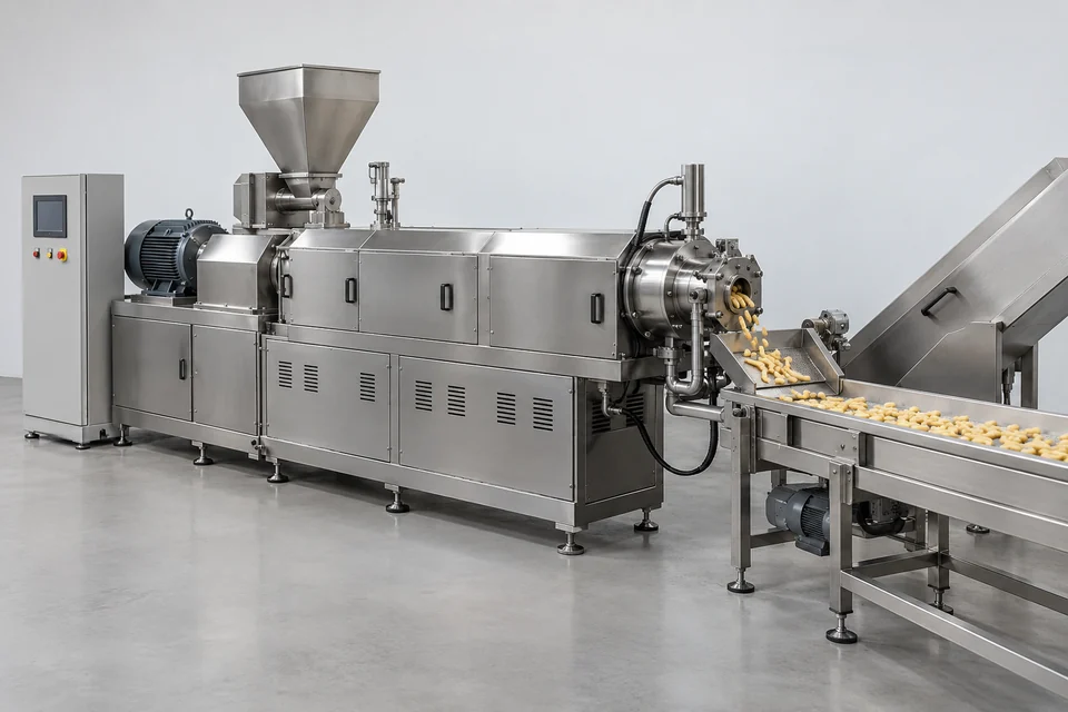twin-screw food extrusion line with enclosed extruder and die forming snacks