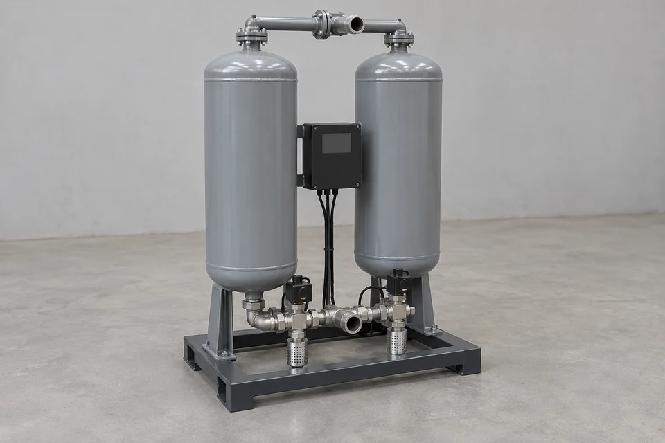 Twin-tower desiccant air dryer with two pressure vessels, bottom valve connections, purge silencers and control enclosure