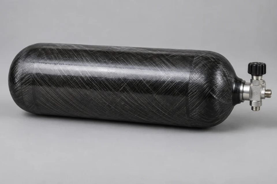 type IV composite hydrogen storage pressure cylinder with carbon fibre wrapped exterior and valve end