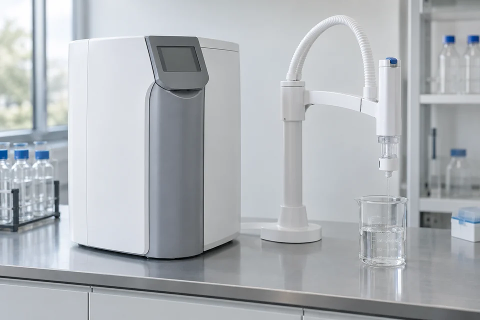 ultrapure laboratory water purification unit with dispensing arm