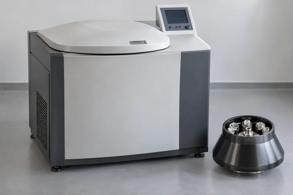 complete laboratory ultracentrifuge with enclosed rotor compartment and a separate intact rotor
