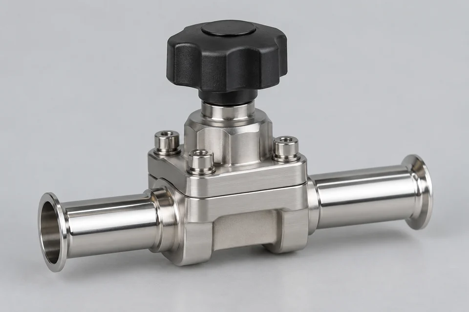small ultrahigh purity stainless diaphragm valve with electropolished-looking tube connections and compact manual knob