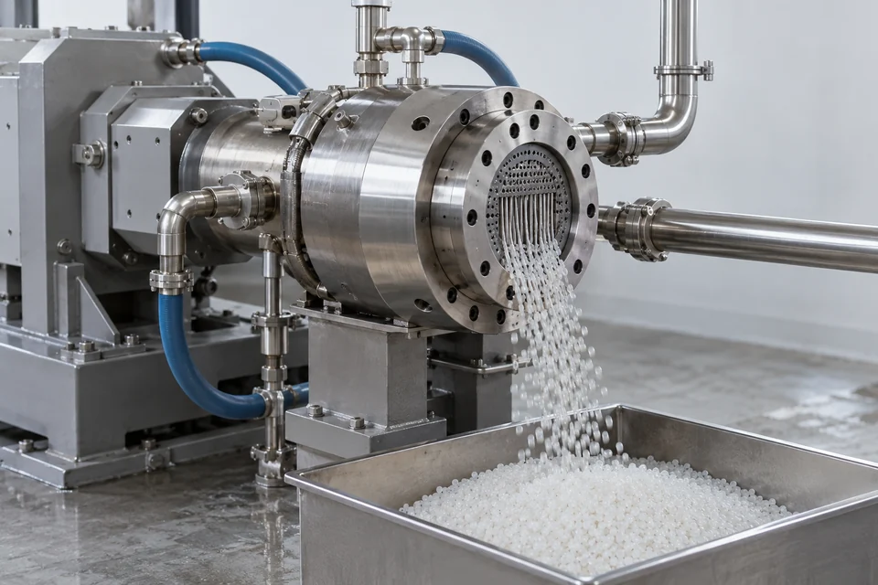 underwater polymer pelletizer head connected to process water pipes with fresh polymer pellets nearby