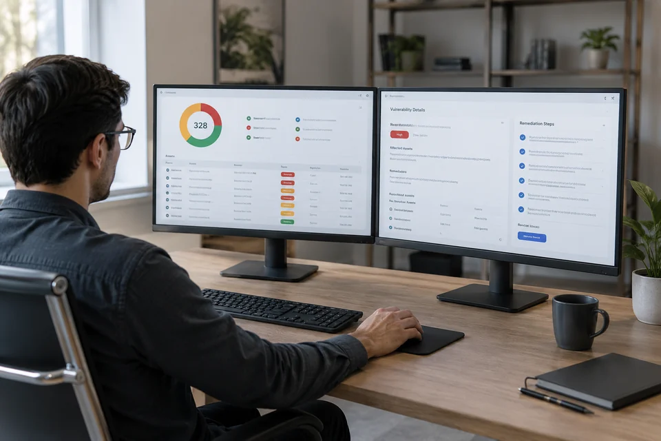 unified vulnerability management represented by security analyst workstation with asset risk and remediation interface