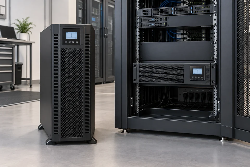 A tower UPS and a rack mount UPS with small front displays and ventilated cabinets, clean IT equipment room, no logos.